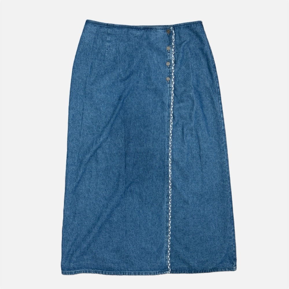 Vintage Denim Wrap Skirt‎ Womens 12 Blue Maxi Braided 90s Western Boho Cowgirl